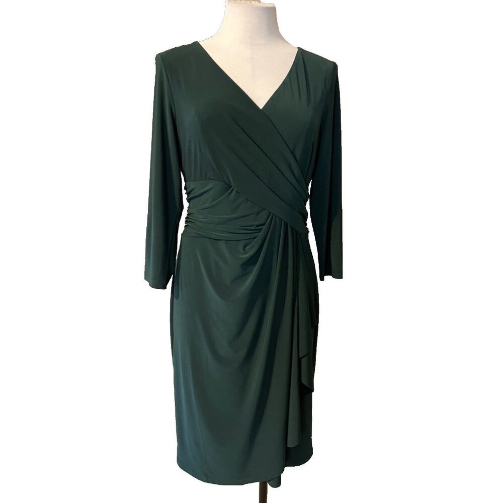 Chaps Dress L Large Green 3/4 Long Sleeve Sheath Ruffle Washable Career NEW